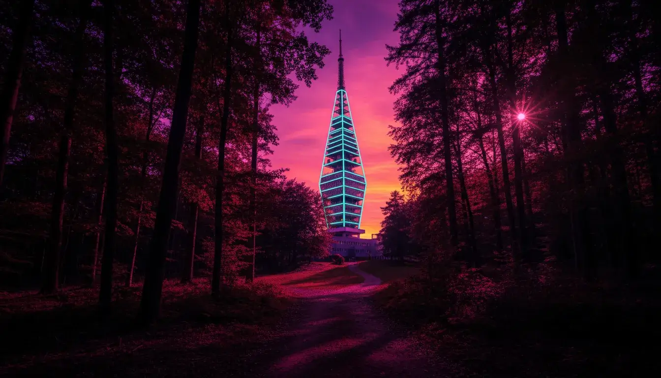 Kamzík Tower: The Forest Sentinel in Cyberpunk Metal