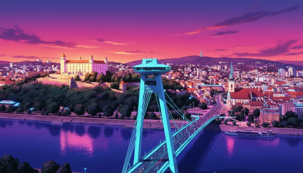 The UFO Sentinel metal plate poster: Bratislava’s Skyline in Cyberpunk Metal