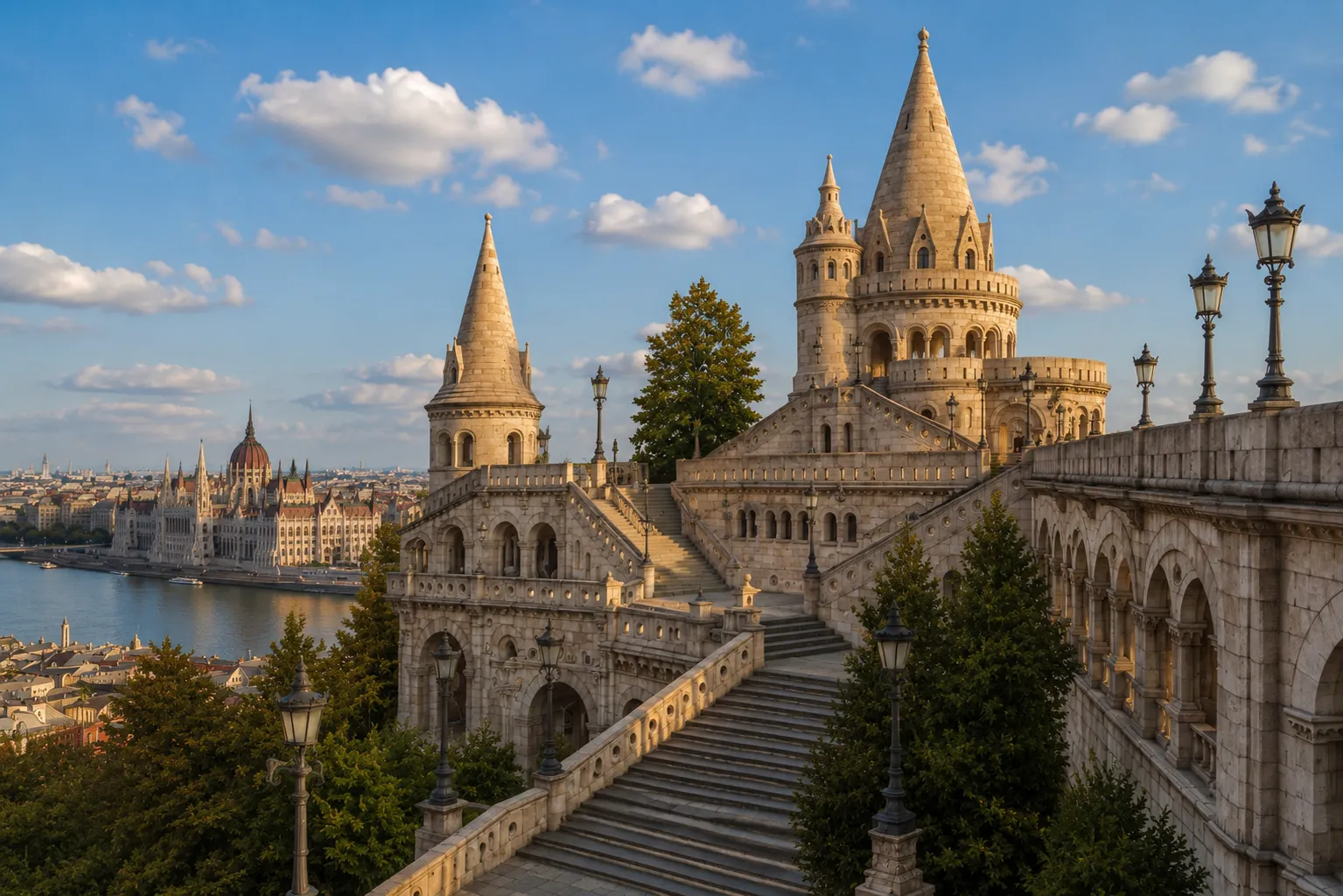Premium metal print featuring Fisherman's Bastion overlooking the Hungarian Parliament and the Danube in Budapest.