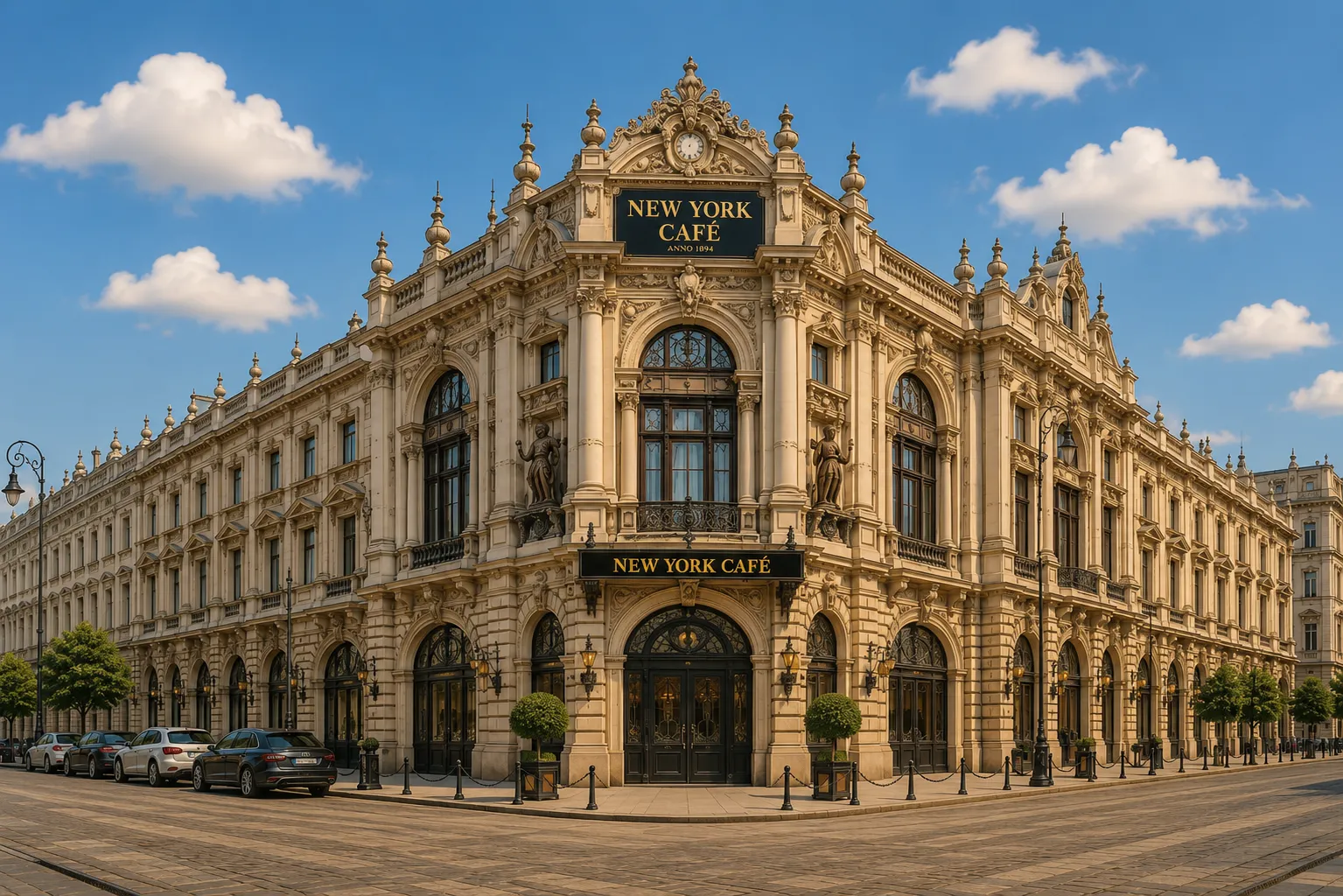 Premium metal print featuring the historic New York Café in Budapest beneath a beautiful blue sky.