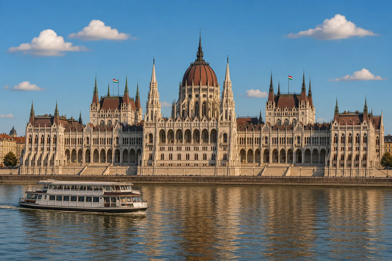 Premium metal print featuring the Hungarian Parliament Building on the banks of the Danube in Budapest.
