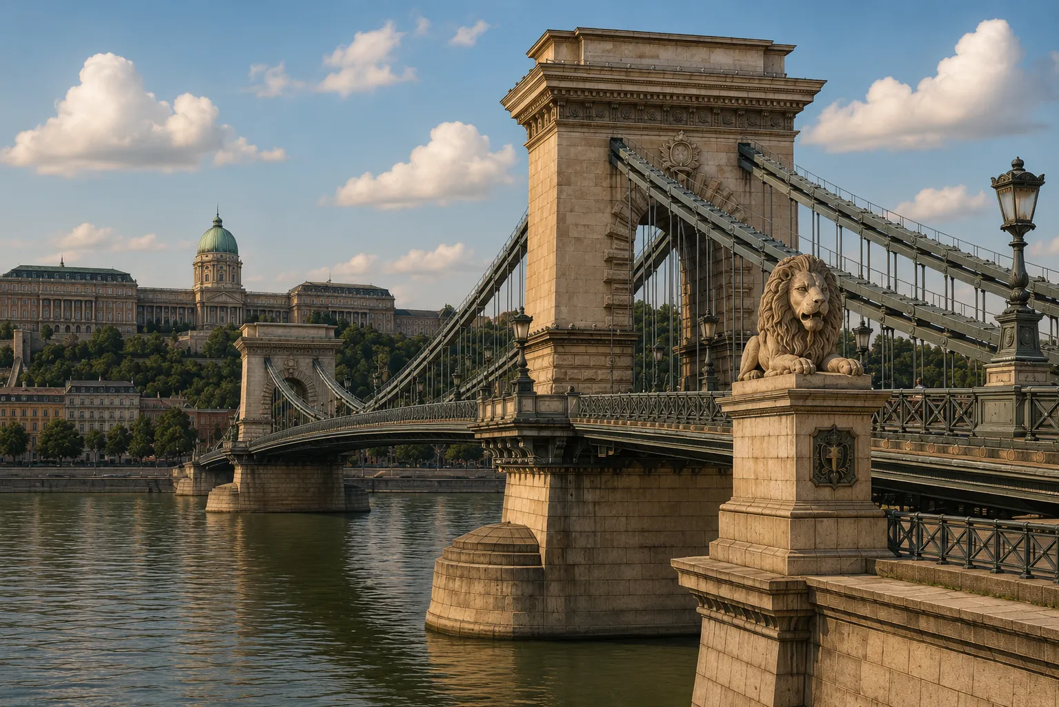 Limited edition Budapest Chain Bridge aluminum wall art showcasing Hungary's historic suspension bridge overlooking the River Danube and Buda Castle.