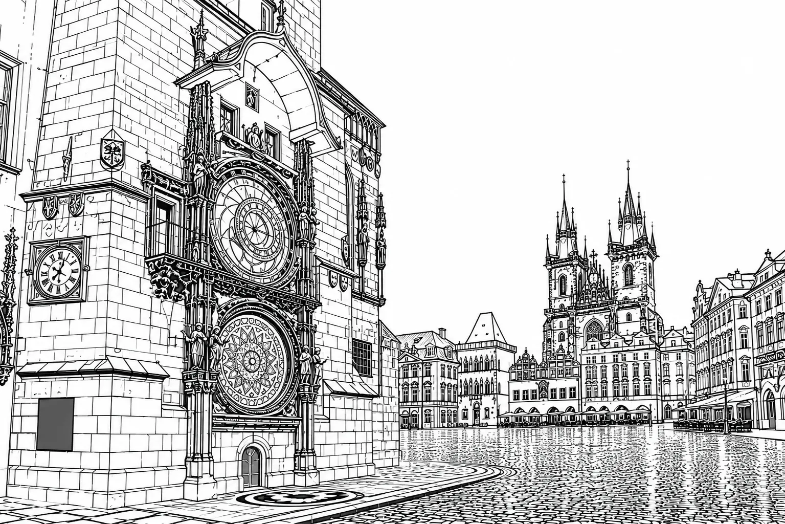 Prague Astronomical Clock black and white architectural line art limited edition handcrafted metal print