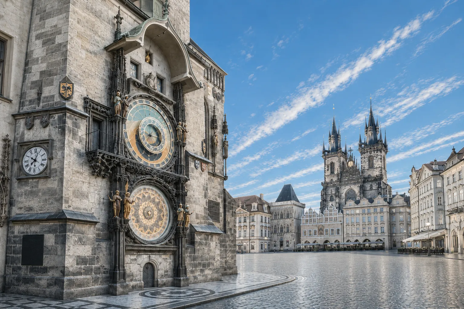 Premium metal print featuring Prague's Astronomical Clock and Old Town Square under a blue sky.