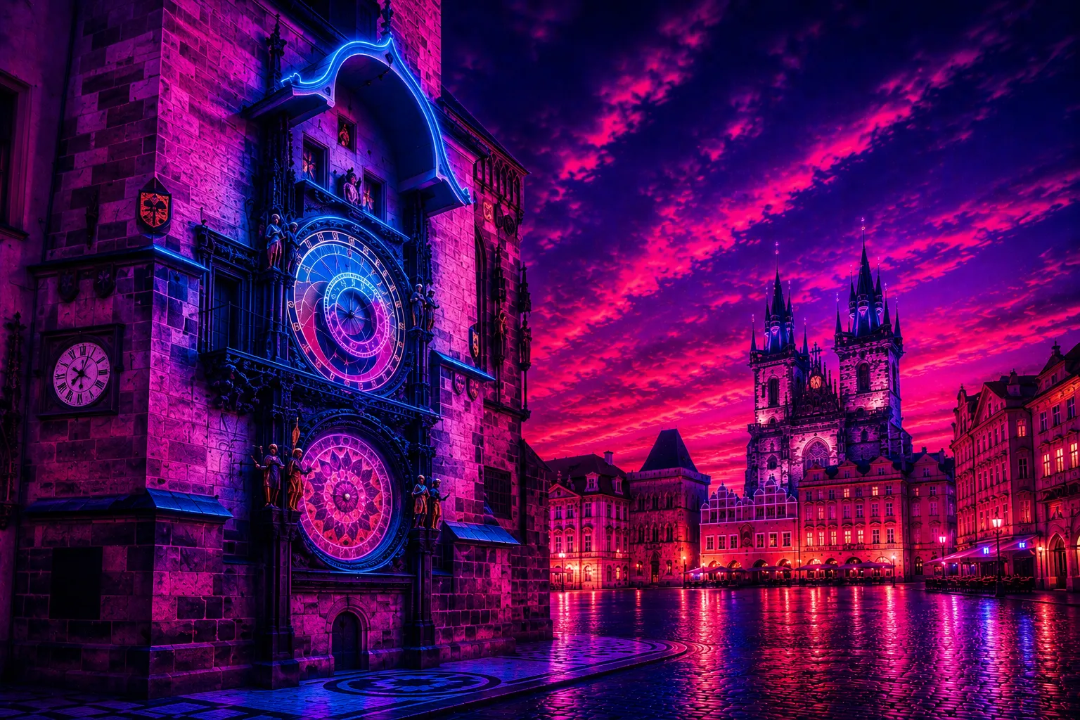 Prague Astronomical Clock Cyberpunk limited edition metal print in neon magenta and blue