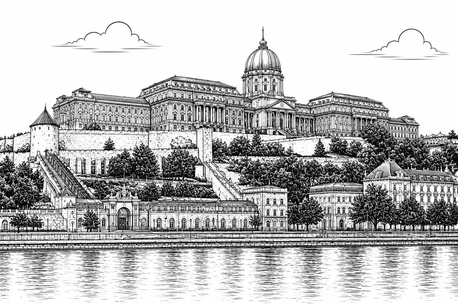Buda Castle Budapest black and white line art limited edition handcrafted metal print