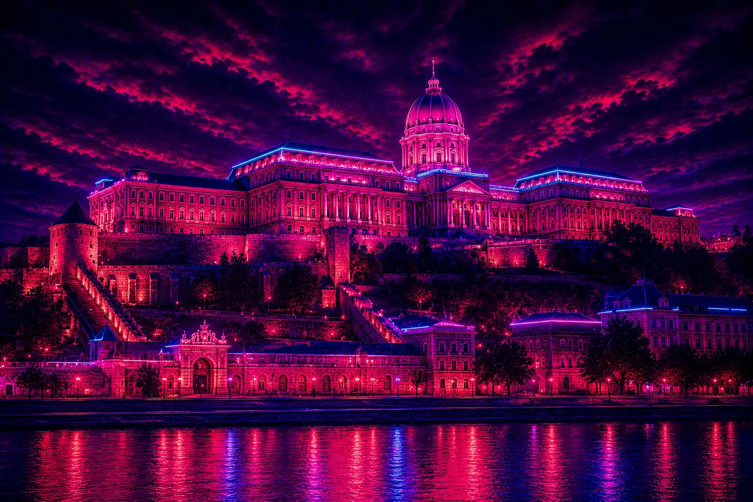 Buda Castle Neon Crown limited edition metal print with glowing neon magenta and blue skyline