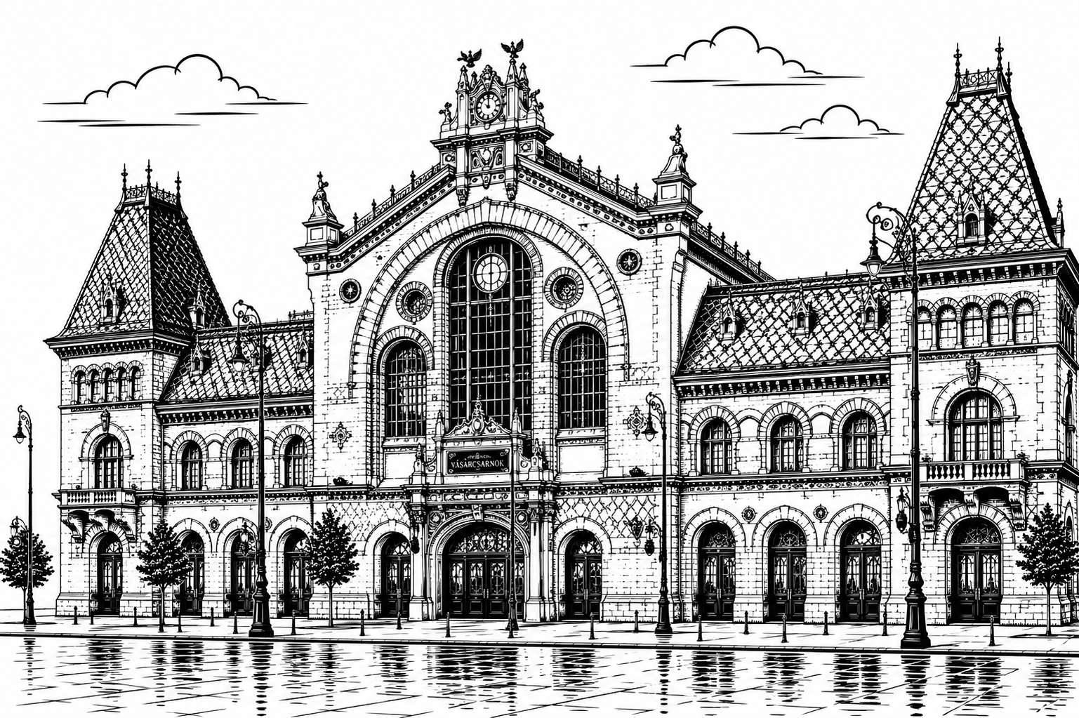 Central Market Hall Budapest black and white line art limited edition handcrafted metal print