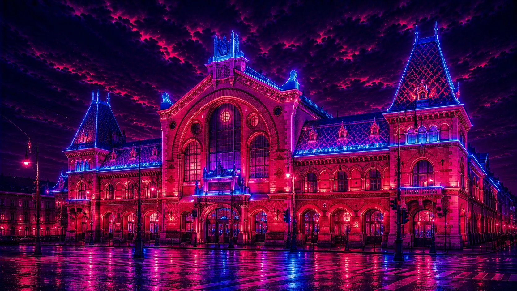 Central Market Hall Neon Bazaar limited edition metal print with glowing neon magenta and blue lighting