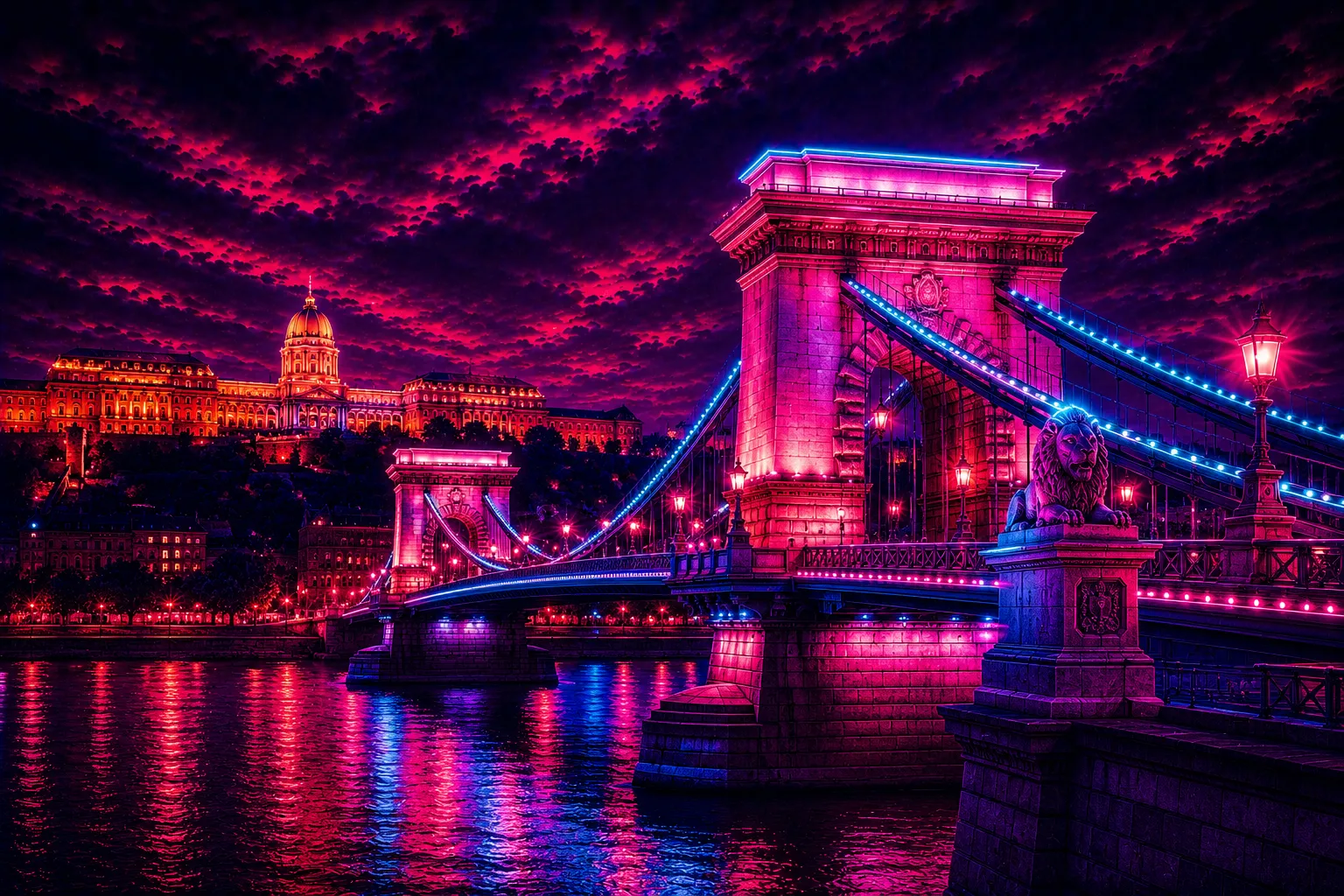 Cyberpunk Chain Bridge Budapest artwork on premium handcrafted metal print