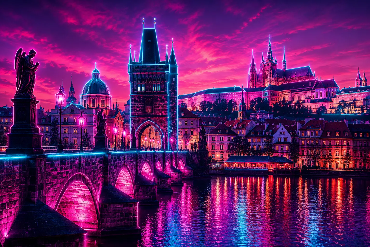 Charles Bridge Prague Cyberpunk limited edition metal print with neon magenta and blue skyline
