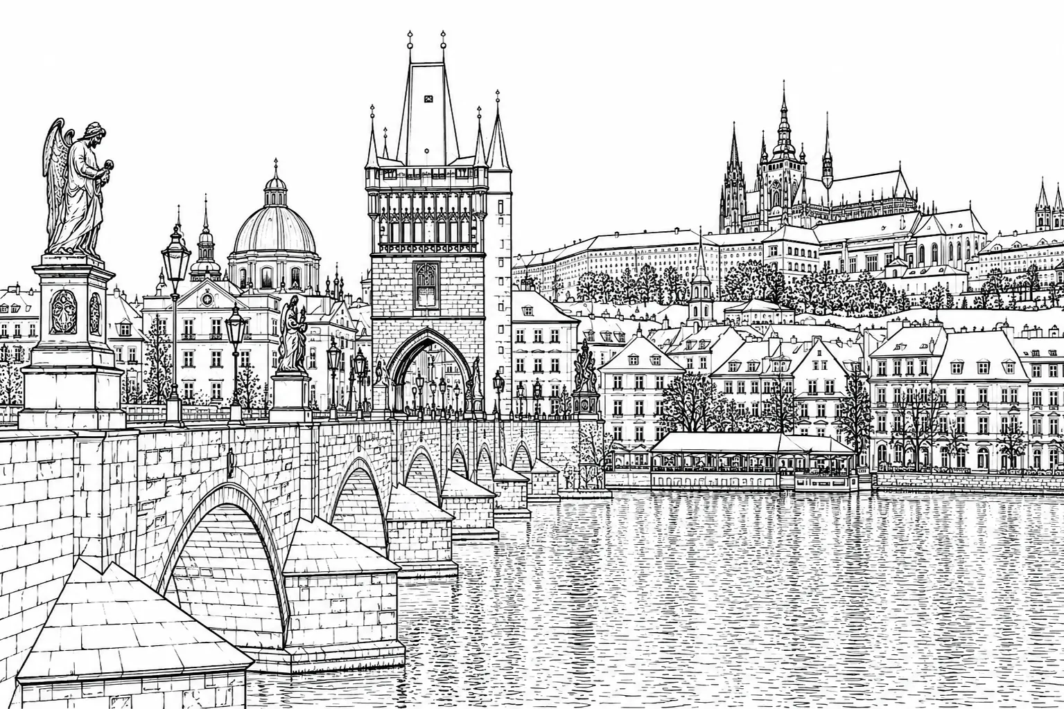 Charles Bridge Prague black and white architectural line art limited edition handcrafted metal print