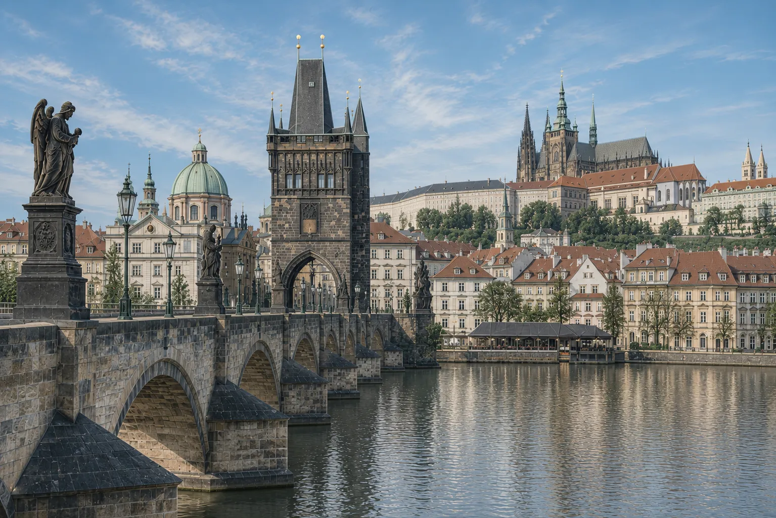 Premium metal print featuring Charles Bridge with Prague Castle overlooking the Vltava River.