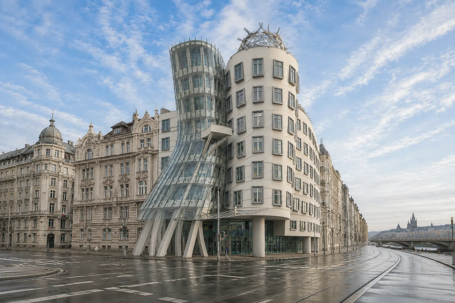 Premium metal print featuring Prague's iconic Dancing House beneath a blue sky.