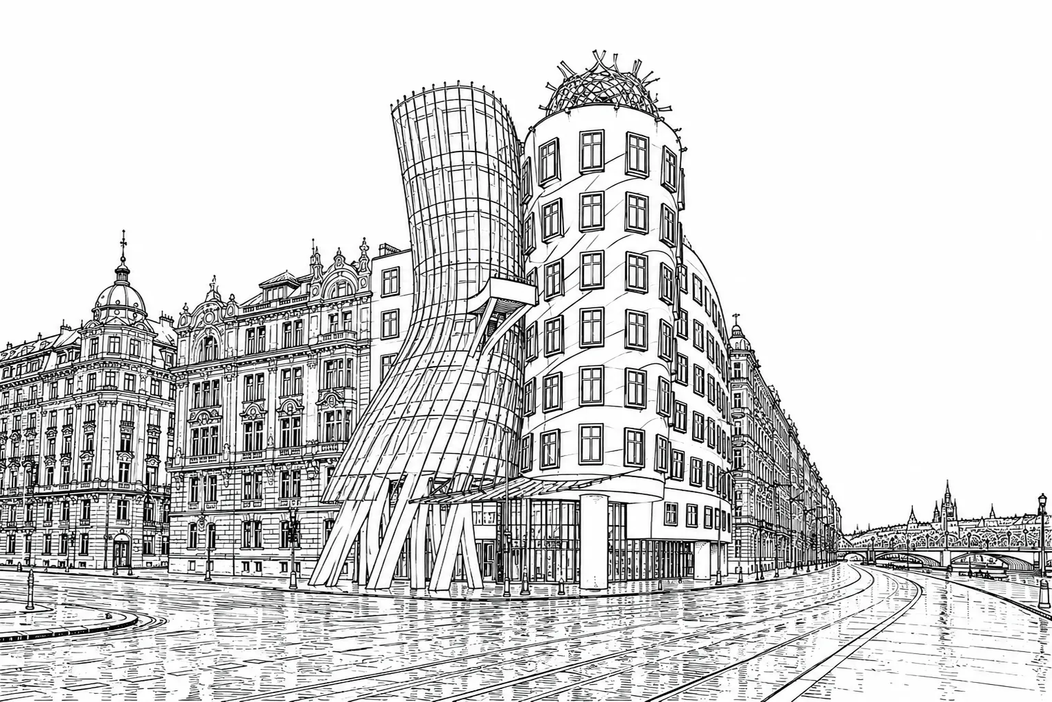 Dancing House Prague black and white architectural line art limited edition handcrafted metal print