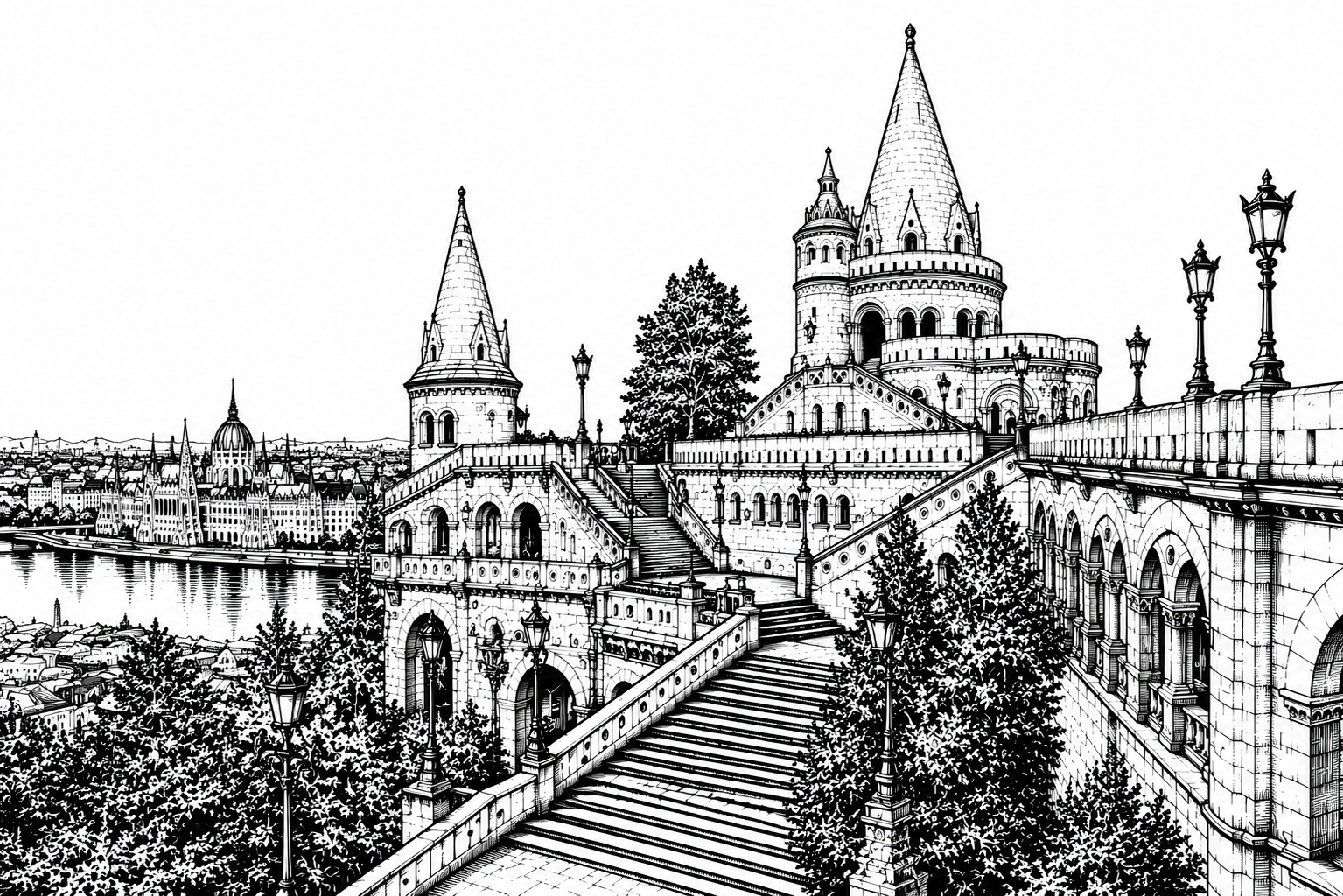 Fisherman's Bastion Budapest black and white architectural line art limited edition handcrafted metal print