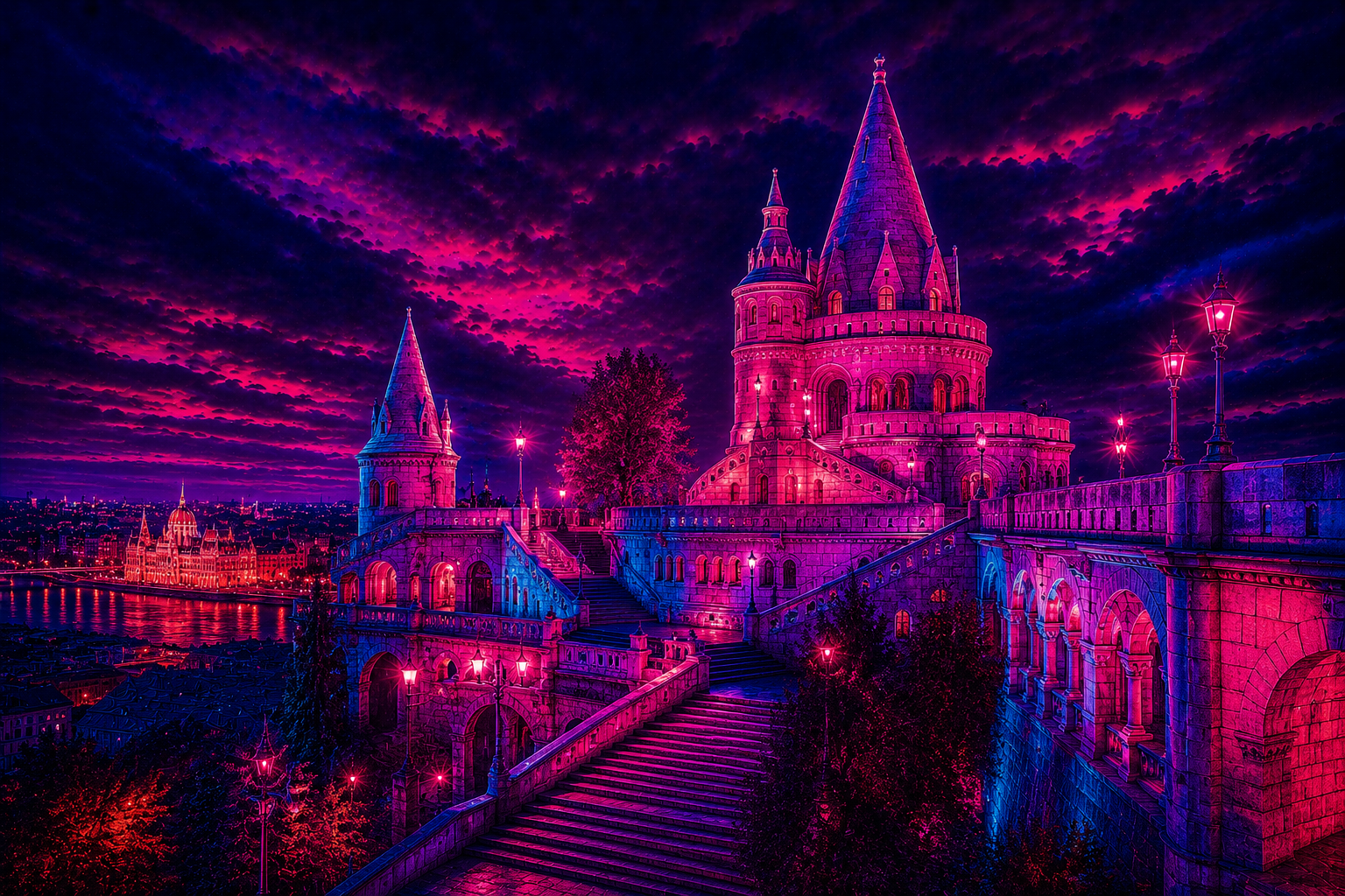 Fisherman's Bastion Neon Citadel limited edition metal print with glowing neon magenta and blue skyline