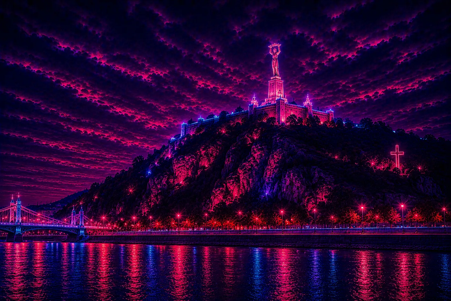 Gellért Hill Neon Summit limited edition metal print with glowing Liberty Statue and neon skyline