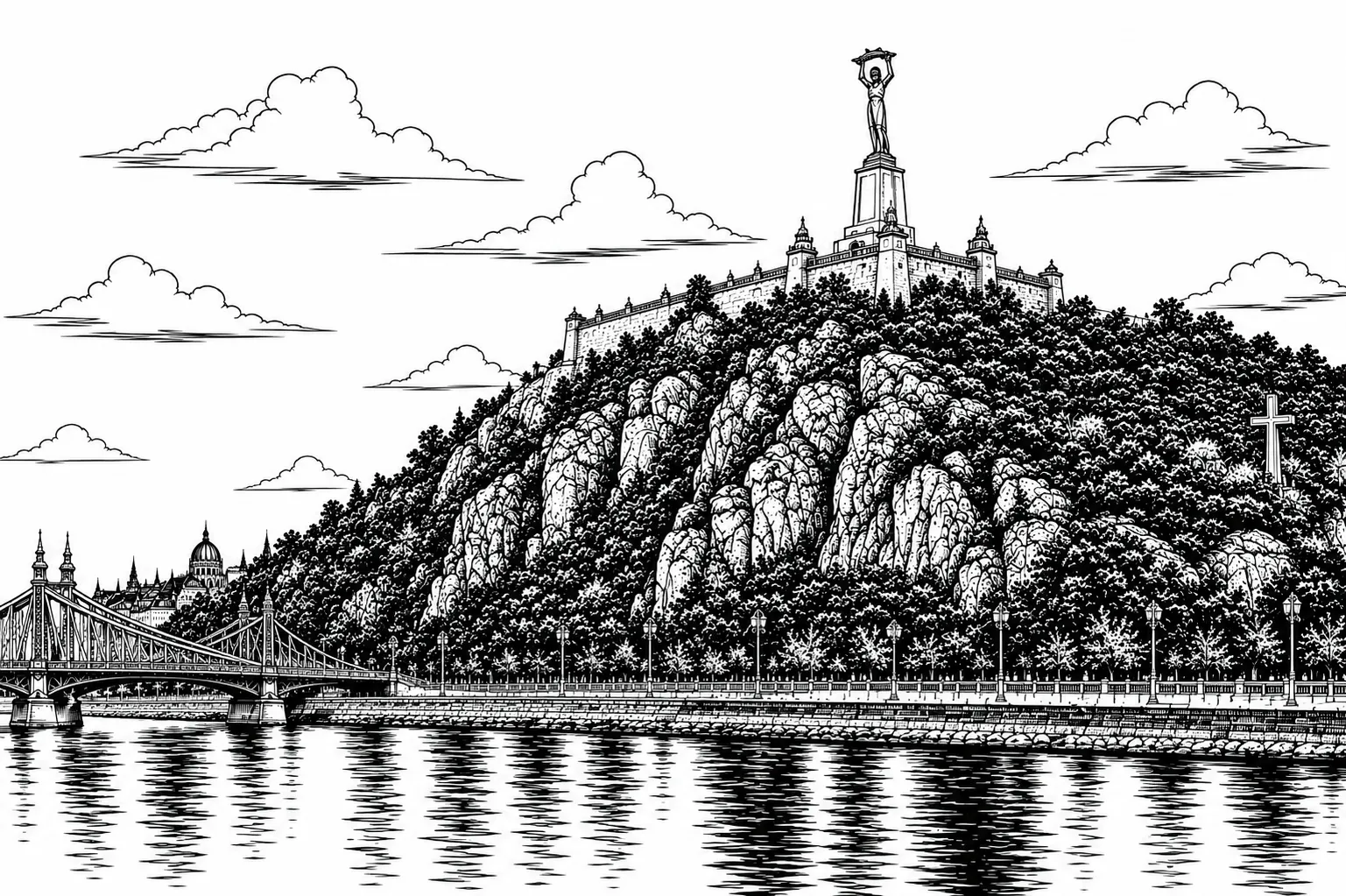 Gellért Hill and Liberty Statue Budapest black and white architectural line art limited edition handcrafted metal print