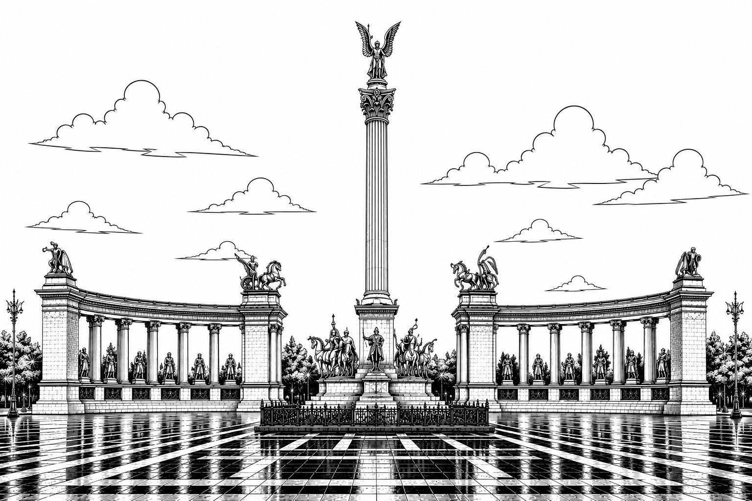 Heroes' Square Budapest black and white architectural line art limited edition handcrafted metal print