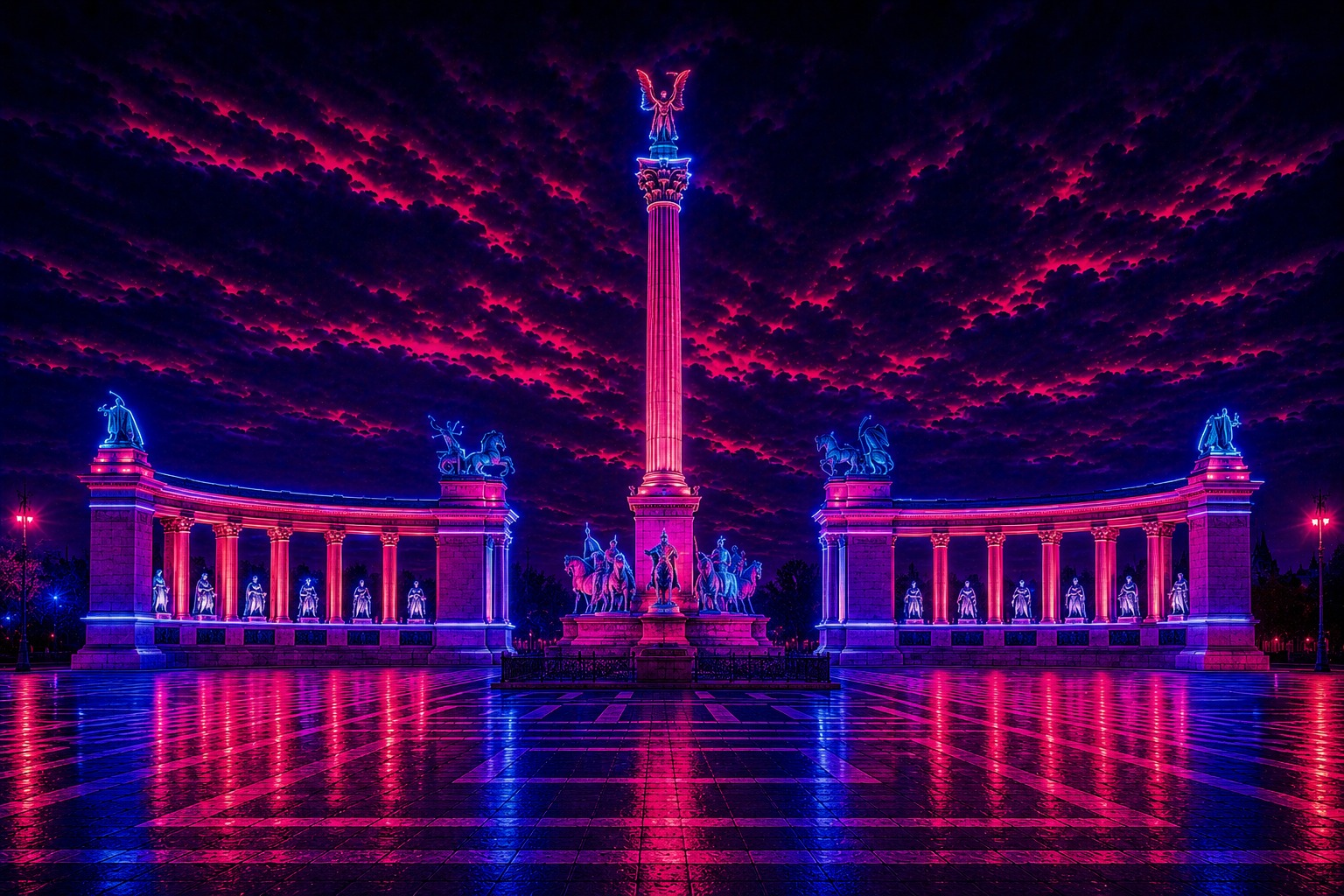 Heroes' Square Neon Legacy limited edition metal print with glowing Millennium Monument and neon skyline