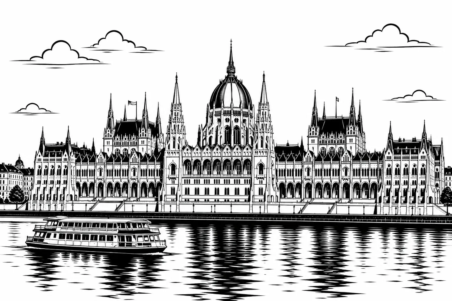 Hungarian Parliament Building Budapest black and white architectural line art limited edition handcrafted metal print