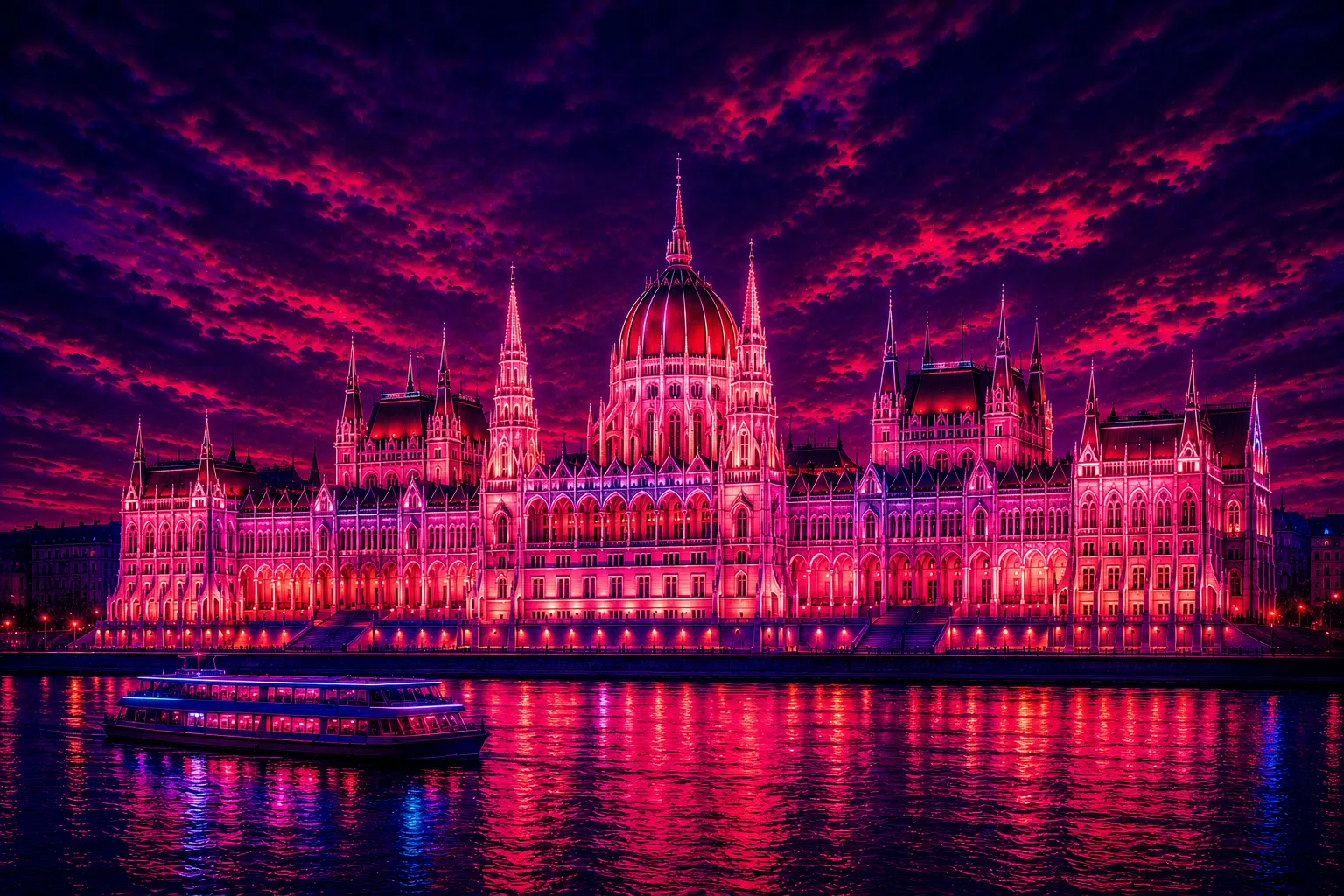 Hungarian Parliament Building Neon Parliament limited edition metal print with glowing Danube reflections