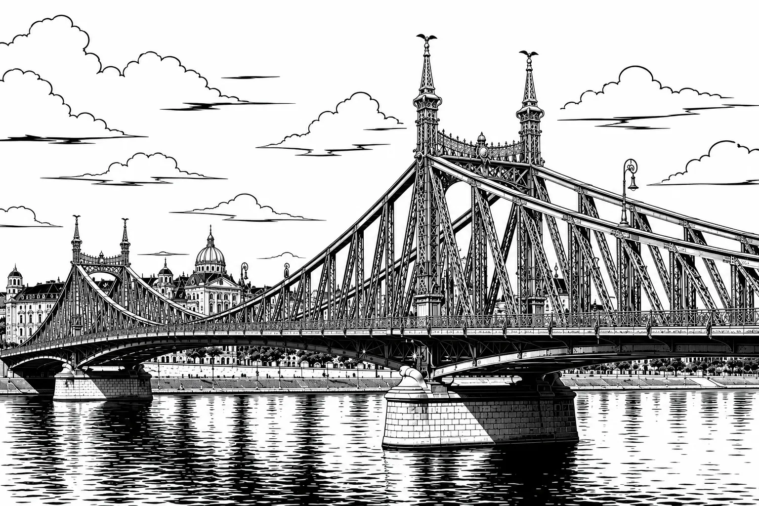 Liberty Bridge Budapest black and white architectural line art limited edition handcrafted metal print