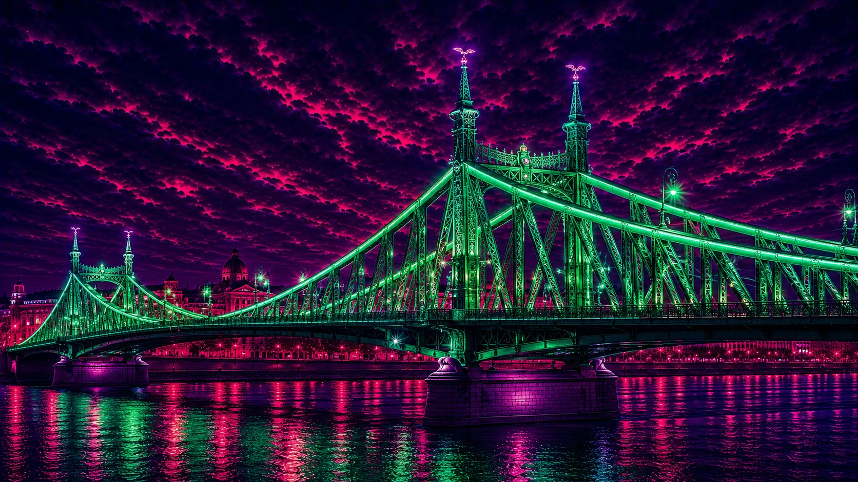 Liberty Bridge Neon Emerald limited edition metal print with glowing emerald bridge over the Danube