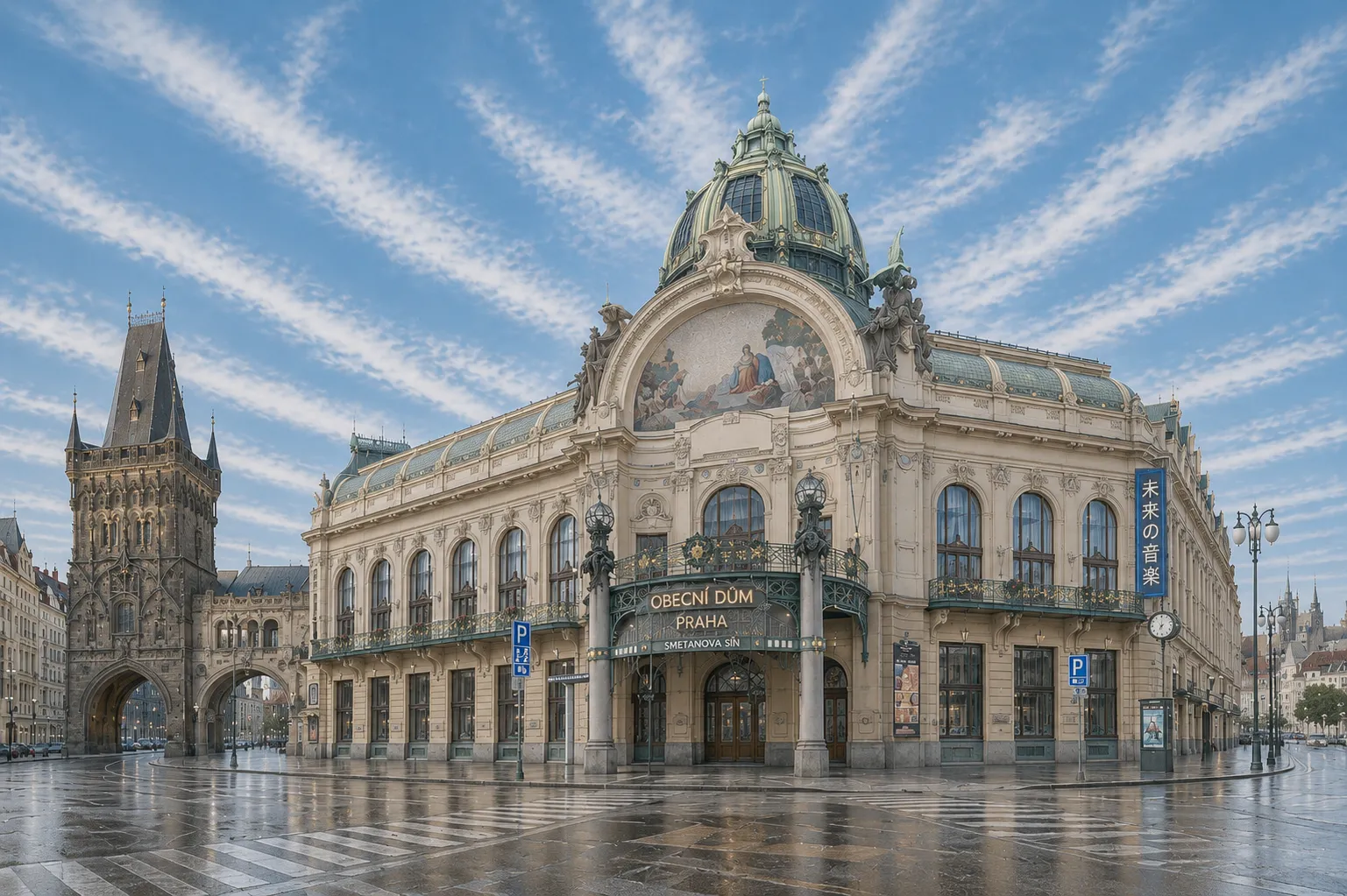 Premium metal print featuring Prague's Municipal House beside the historic Powder Tower.