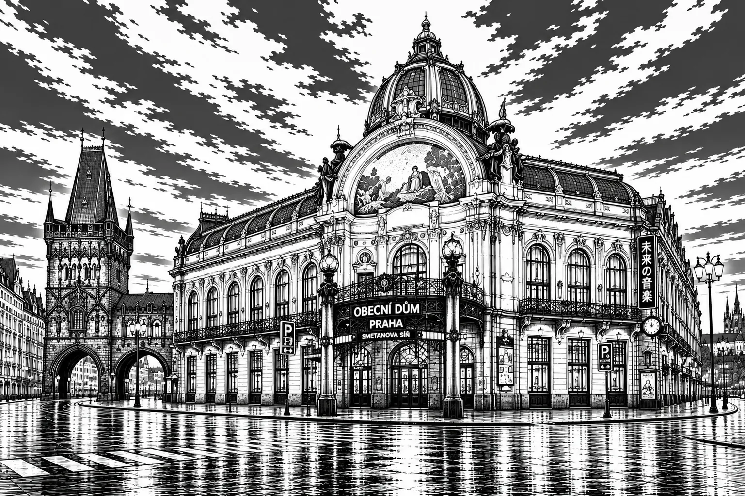 Municipal House Prague black and white architectural line art limited edition handcrafted metal print