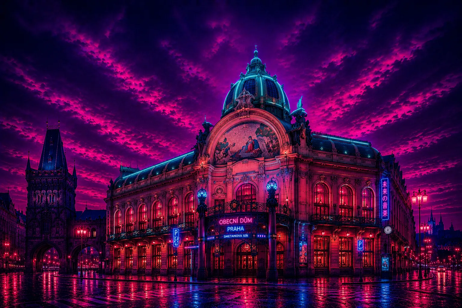 Municipal House Prague Cyberpunk limited edition metal print with vibrant neon magenta and blue lighting