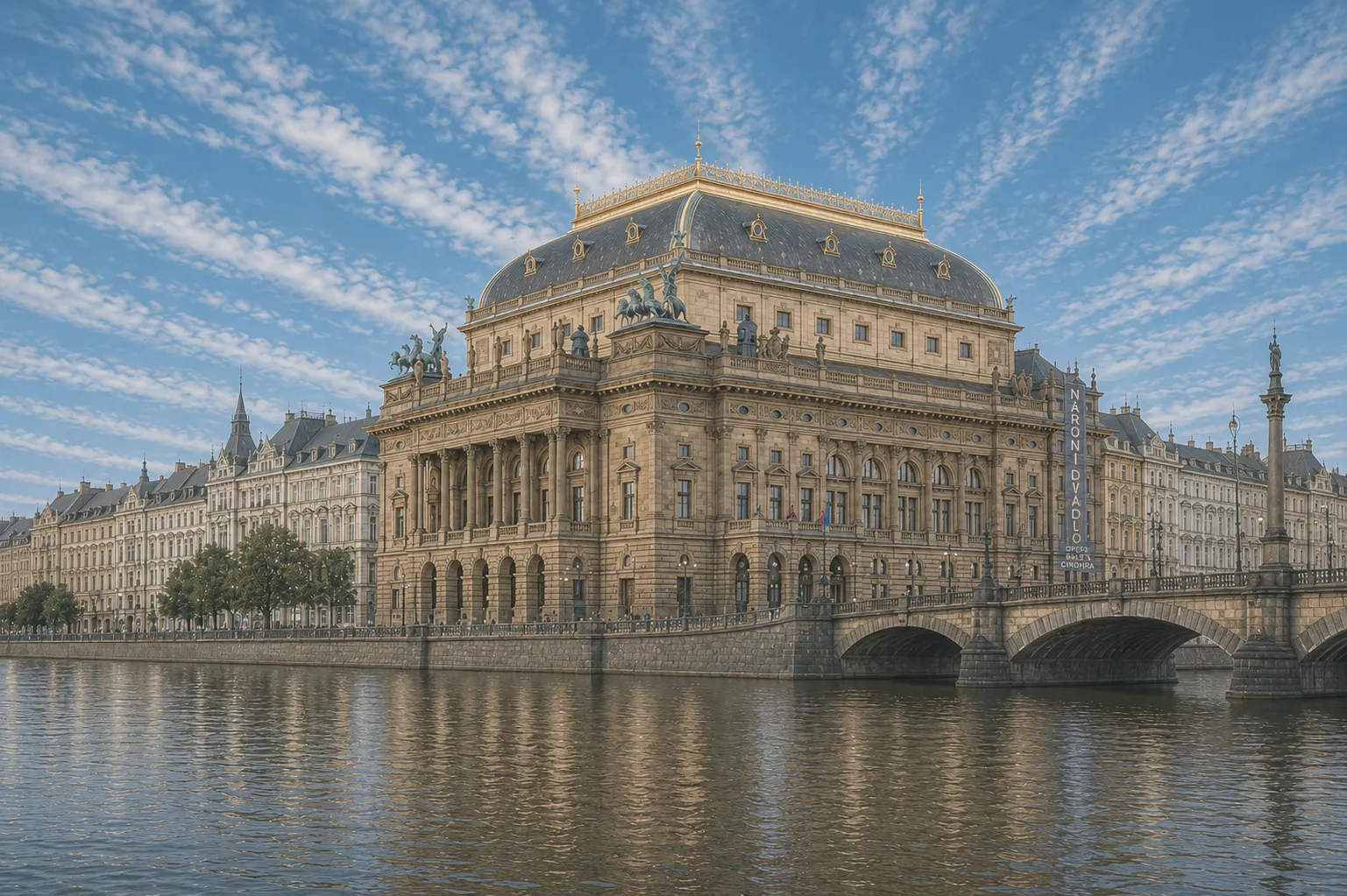 Premium metal print featuring Prague's National Theatre beside the Vltava River.