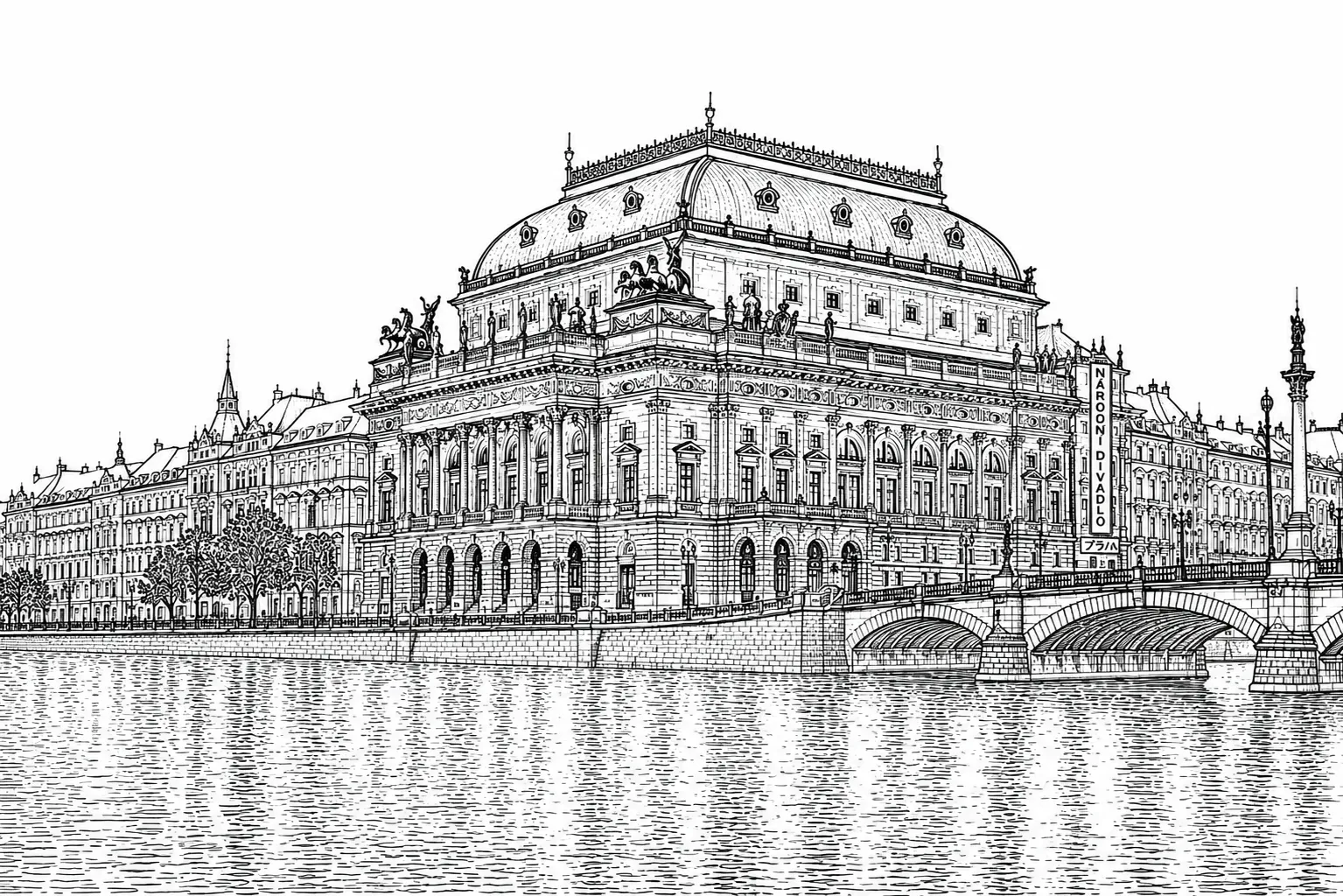 National Theatre Prague black and white architectural line art limited edition handcrafted metal print