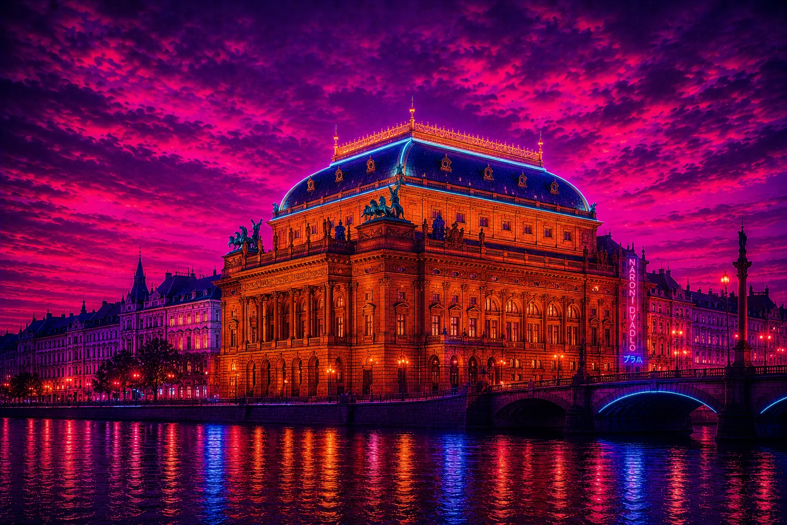National Theatre Prague Cyberpunk limited edition metal print with glowing neon skyline