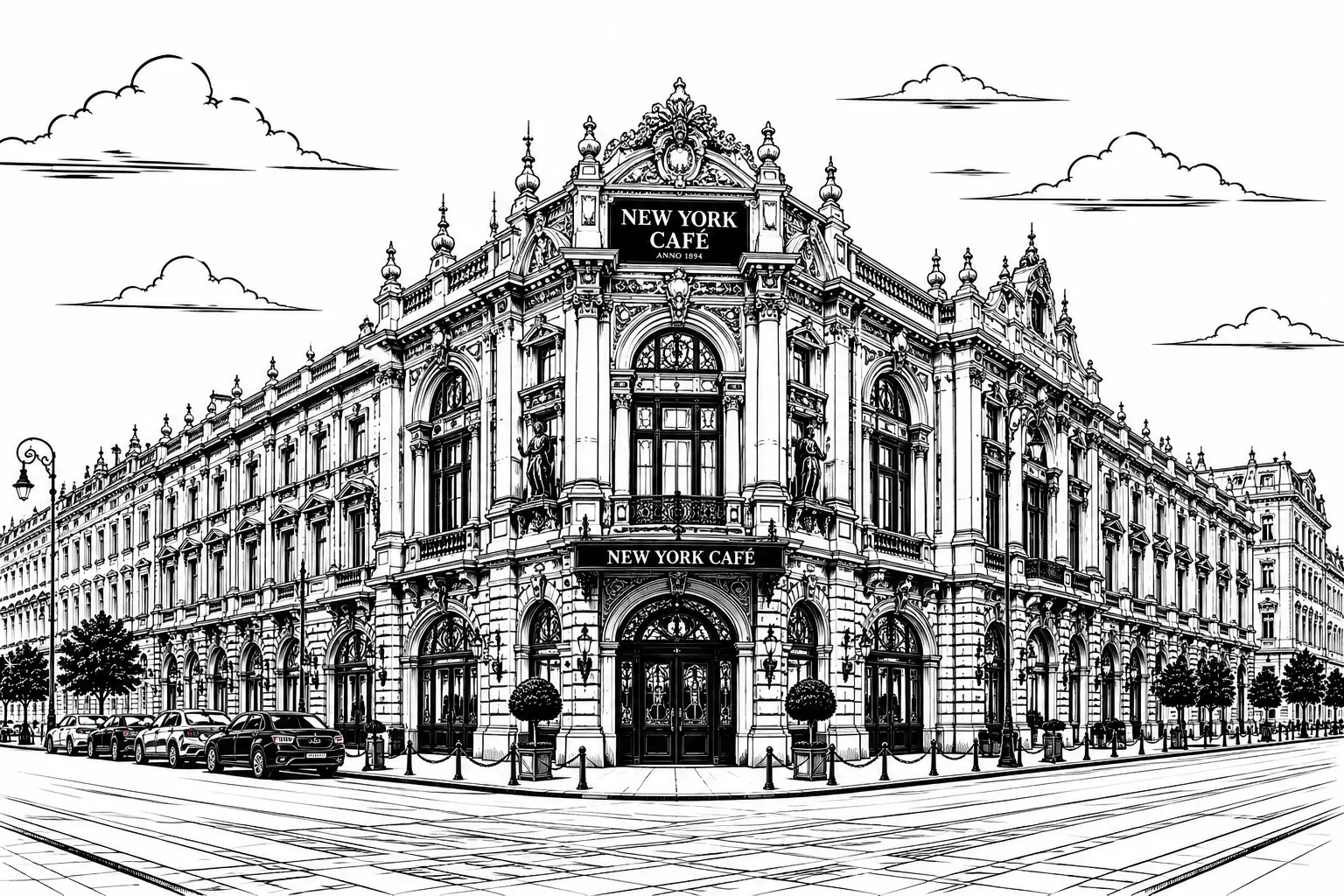 New York Café Budapest black and white architectural line art limited edition handcrafted metal print