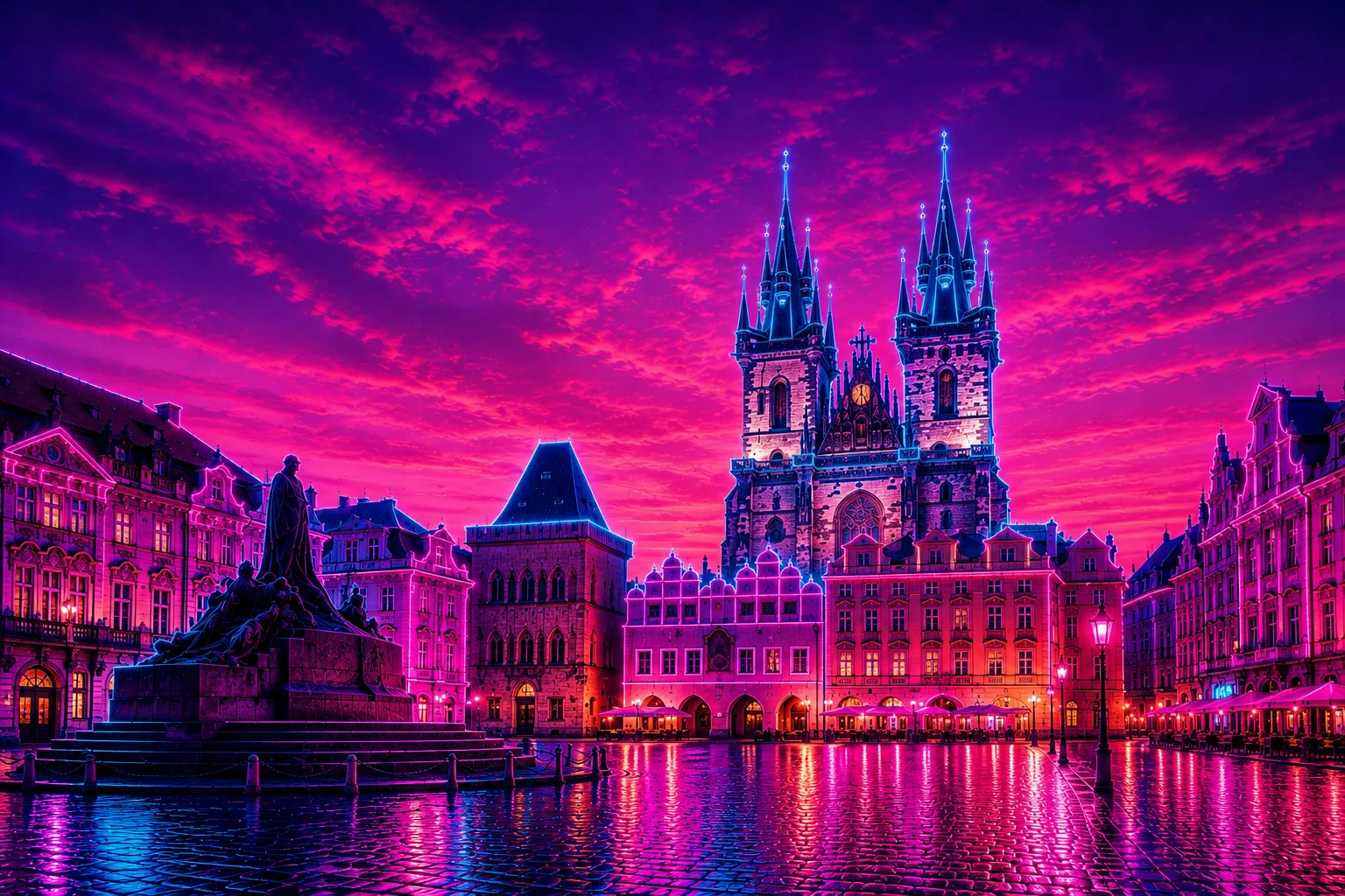 Old Town Square Prague Cyberpunk limited edition metal print with vibrant neon skyline