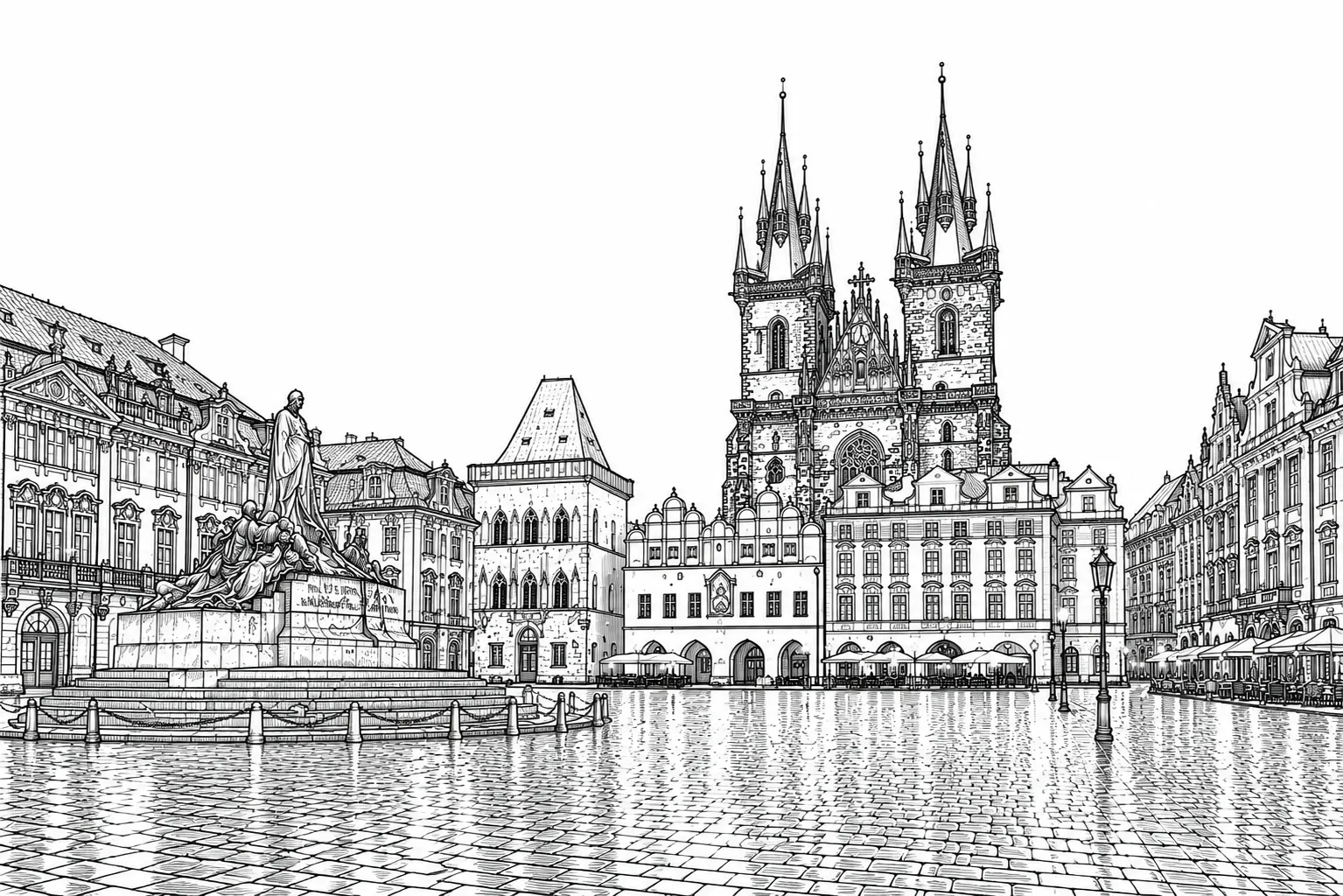 Old Town Square Prague black and white architectural line art limited edition handcrafted metal print