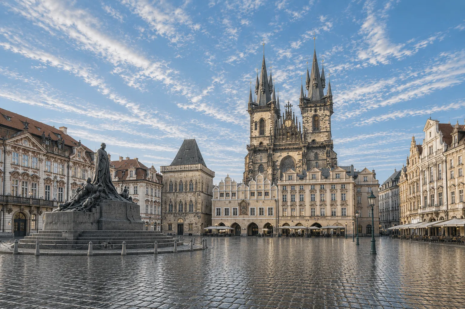 Premium metal print featuring Prague's Old Town Square beneath a vibrant blue sky.