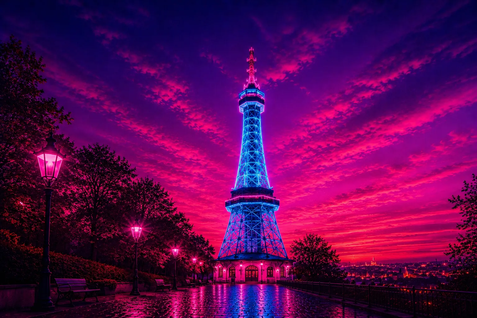 Petřín Tower Prague Cyberpunk limited edition metal print with glowing neon blue and magenta skyline
