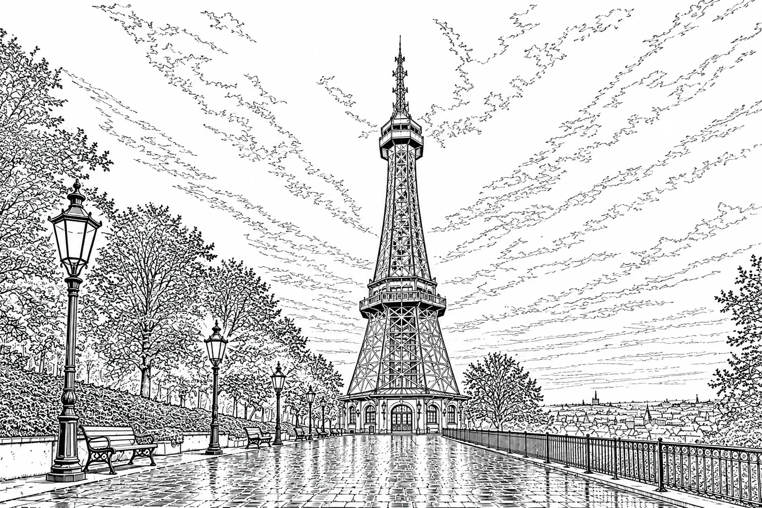 Petřín Lookout Tower Prague black and white architectural line art limited edition handcrafted metal print
