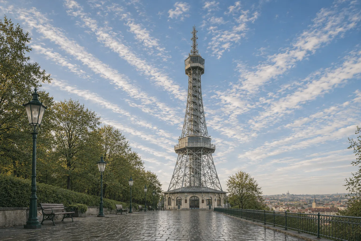 Premium metal print featuring Prague's Petřín Tower beneath a vibrant blue sky.