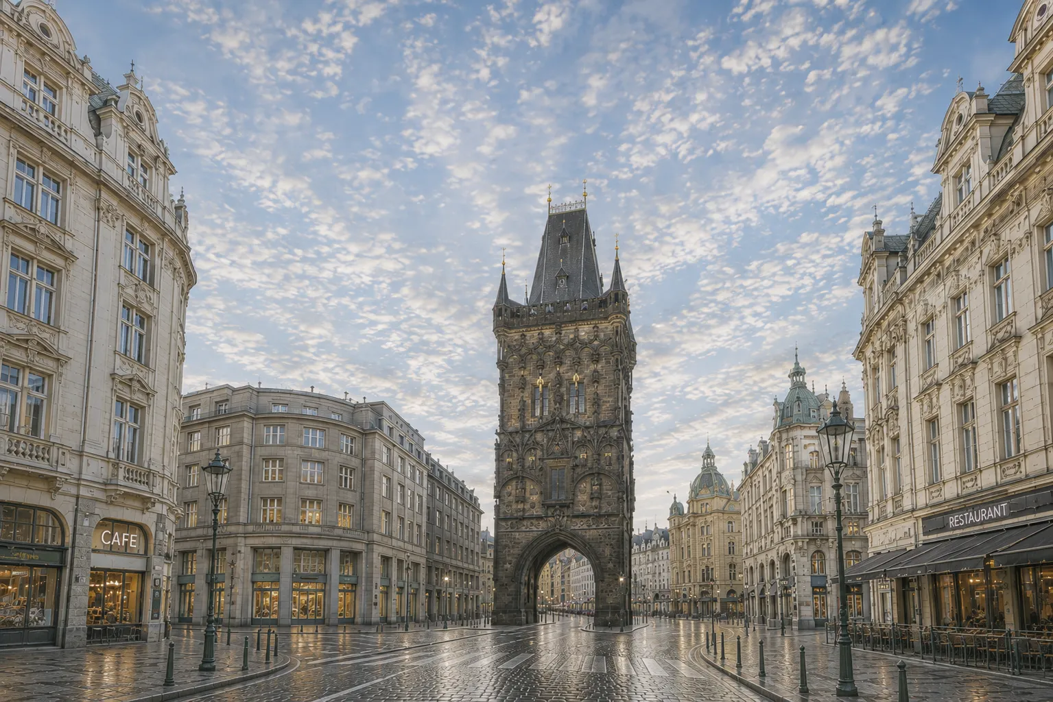 Premium metal print featuring Prague's historic Powder Tower beneath a vibrant blue sky.