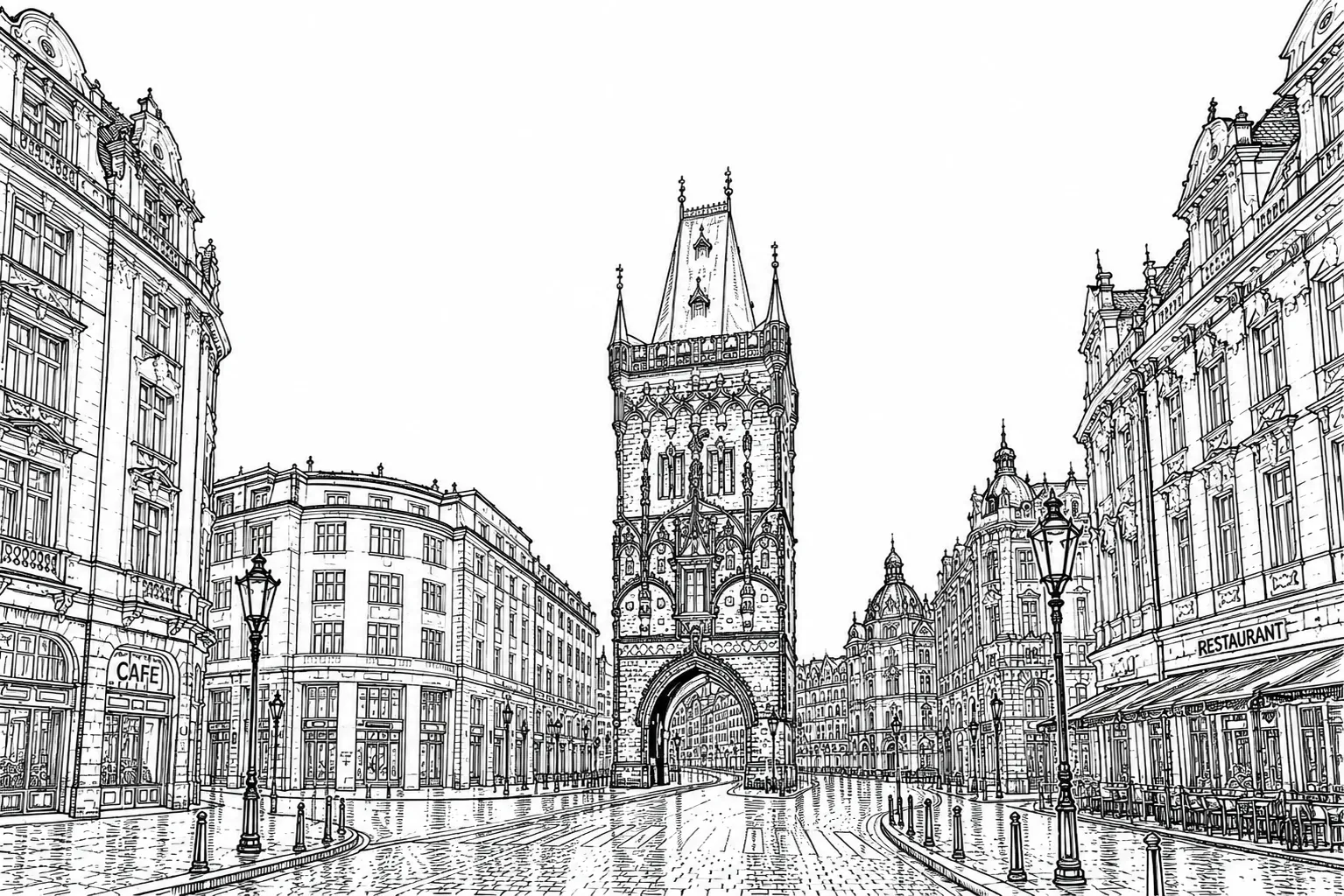 Powder Tower Prague black and white architectural line art limited edition handcrafted metal print
