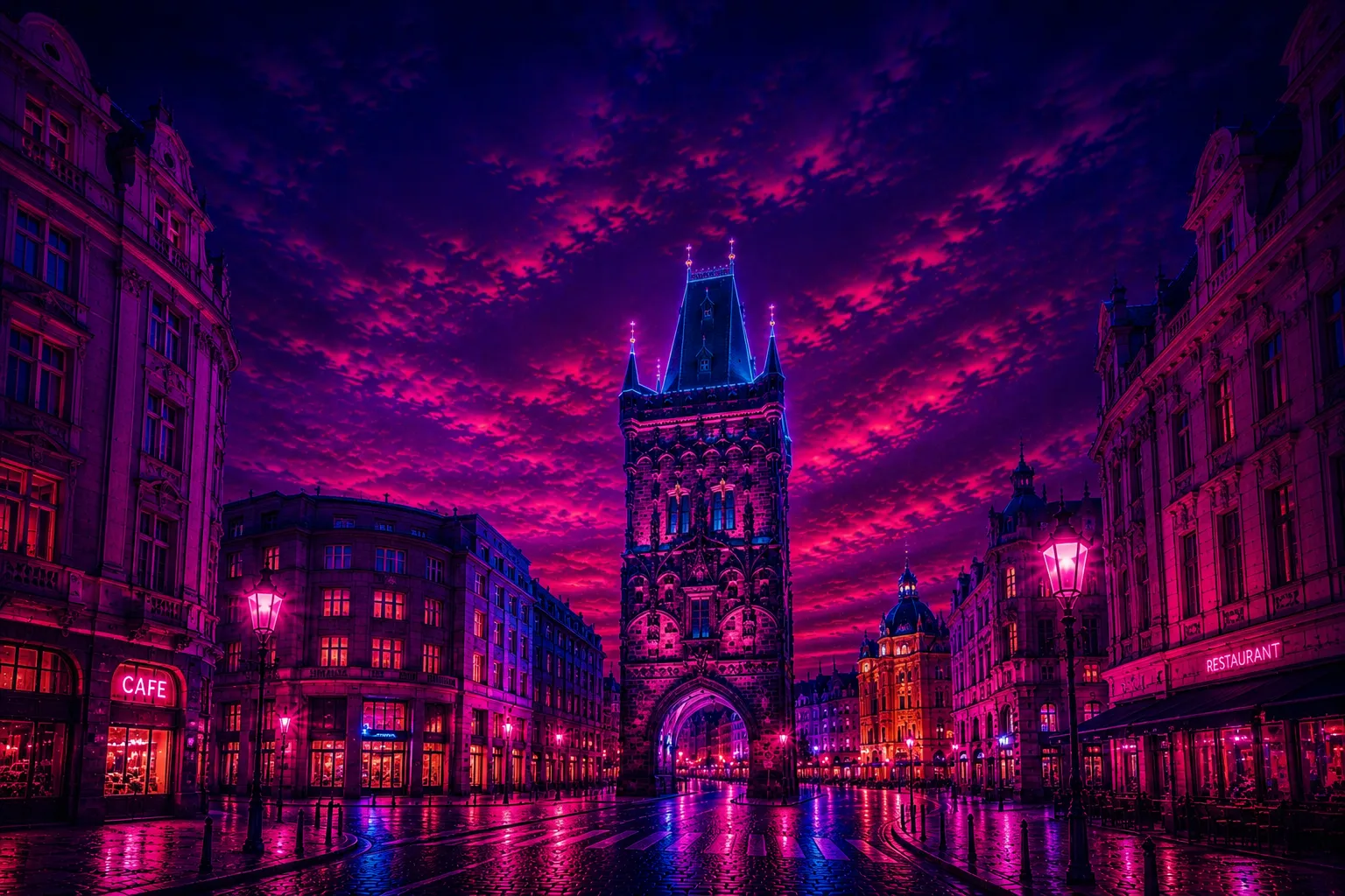 Powder Tower Prague Cyberpunk limited edition metal print with vibrant neon magenta and blue lighting