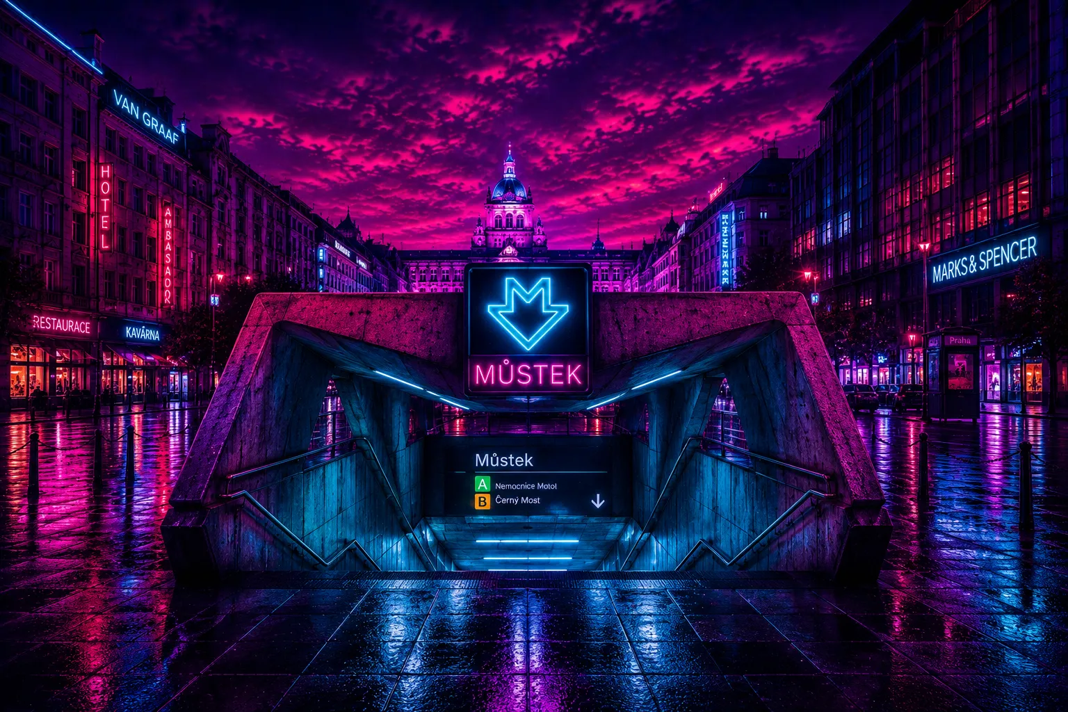 Můstek Metro entrance Prague Cyberpunk limited edition metal print with glowing neon blue and magenta lighting