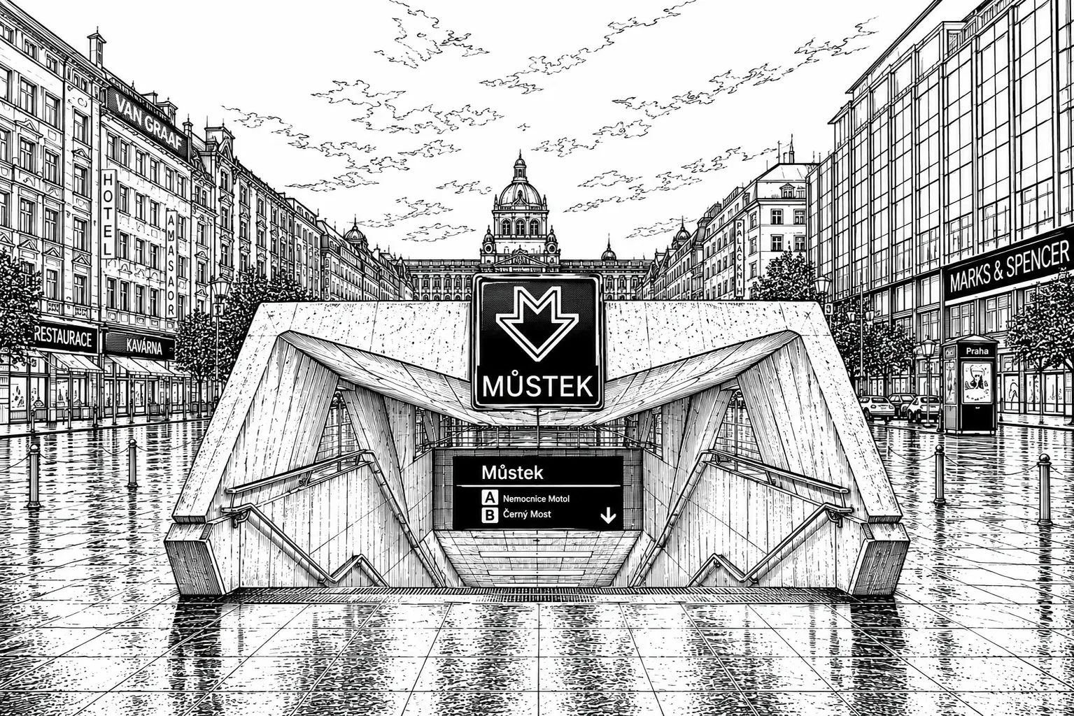 Můstek Metro Entrance Prague black and white architectural line art limited edition handcrafted metal print