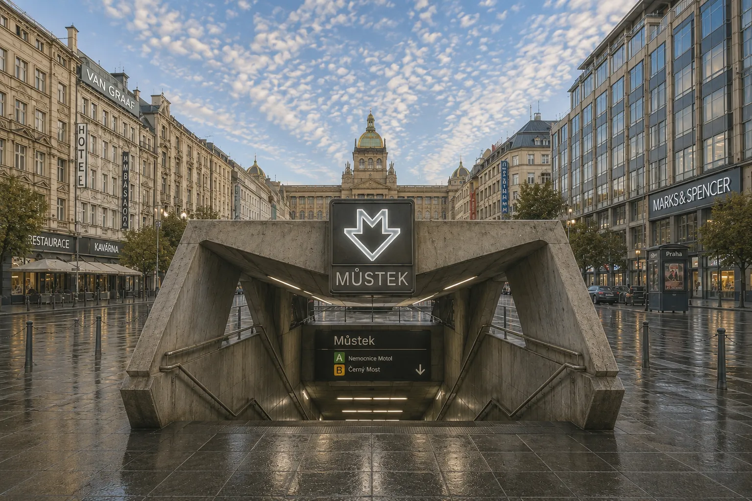 Premium metal print featuring Prague's iconic Můstek Metro Entrance beneath a beautiful blue sky.