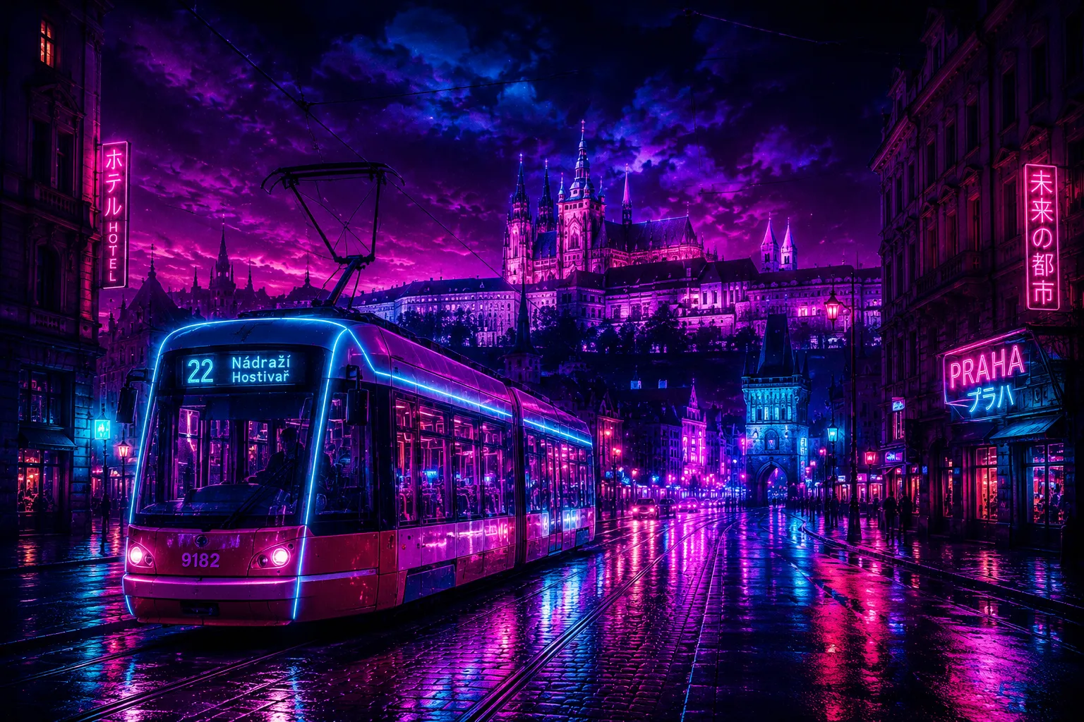 Prague Tram Cyberpunk limited edition metal print with neon blue and magenta city lights