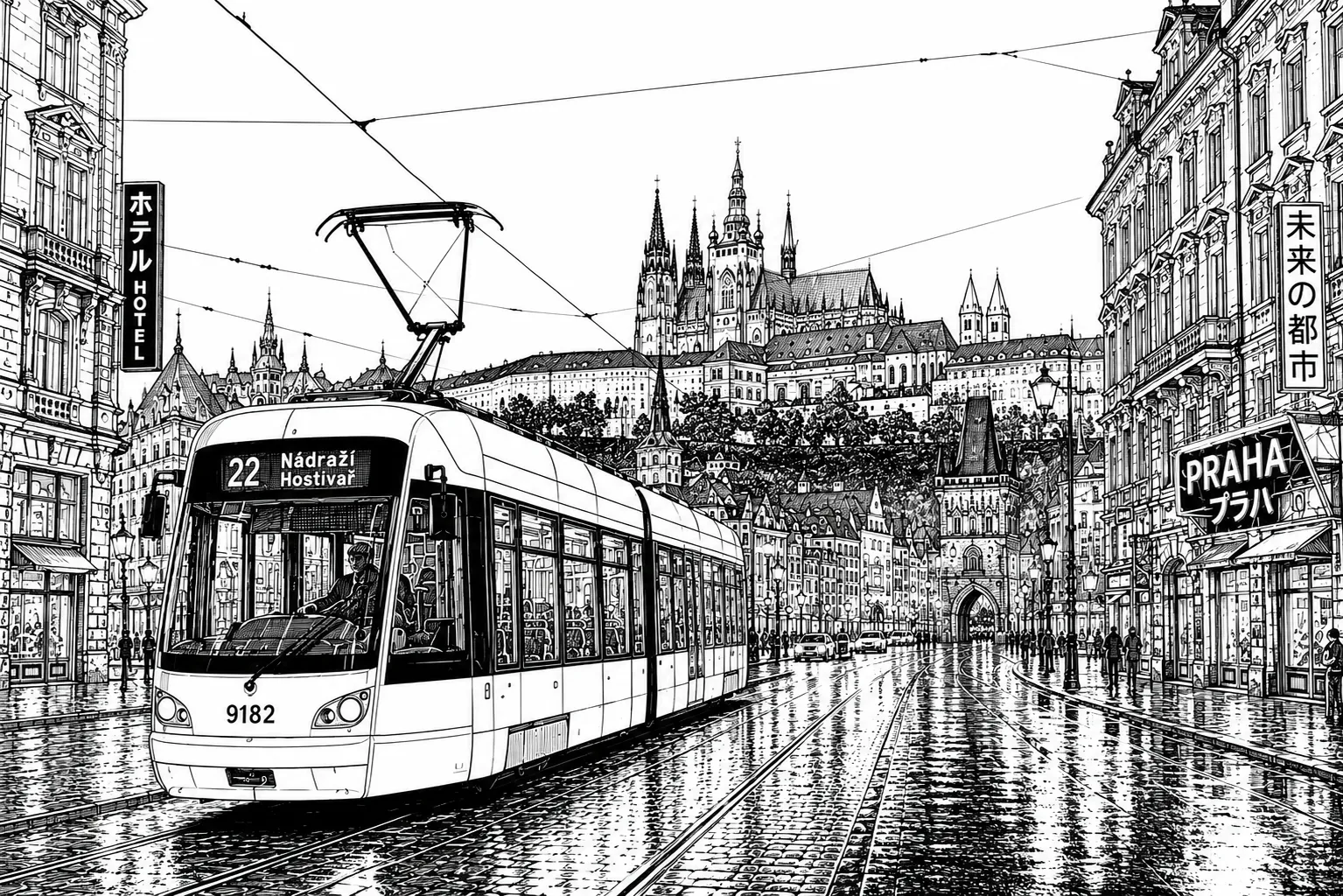 Prague Tram black and white architectural line art limited edition handcrafted metal print